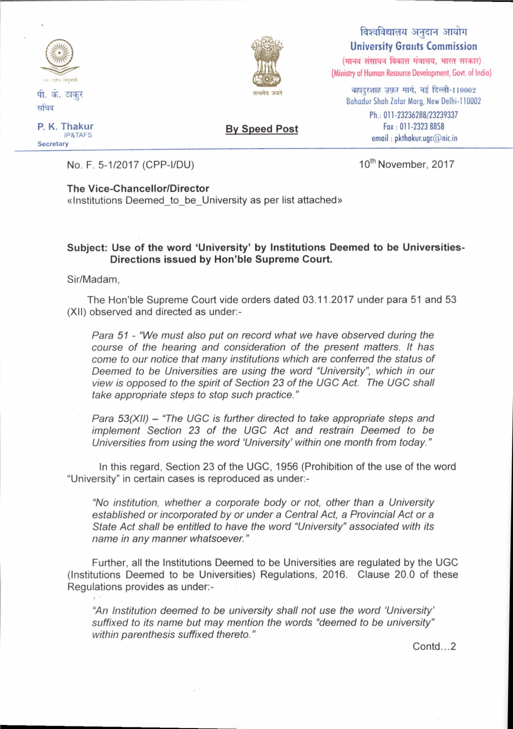 'University' by Institutions Deemed to Be Universities- Directions Issued by Hon'ble Supreme Court