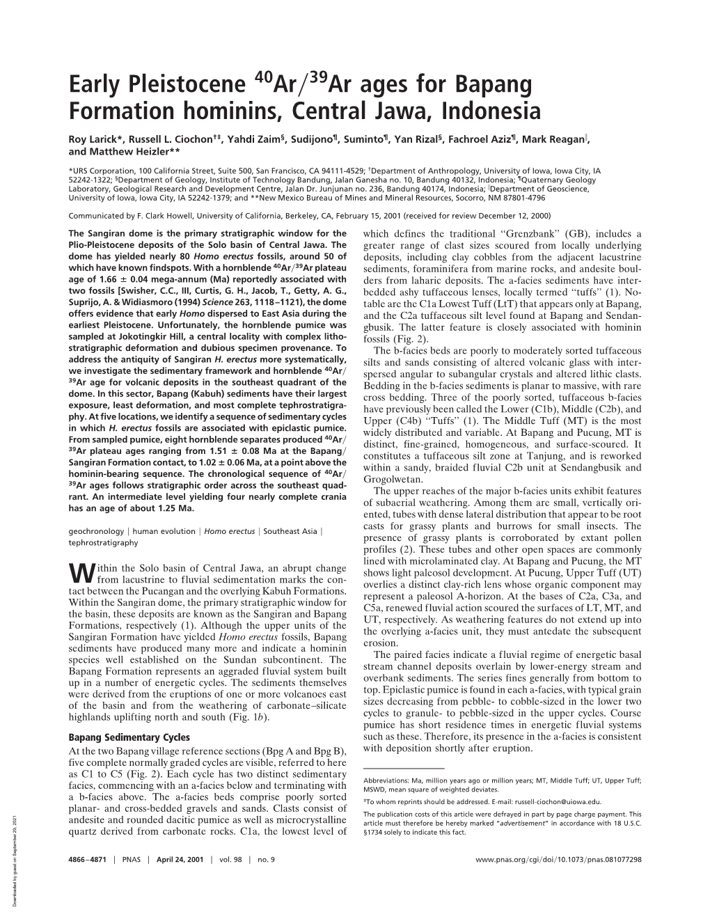 Early Pleistocene Ar Ar Ages for Bapang Formation Hominins