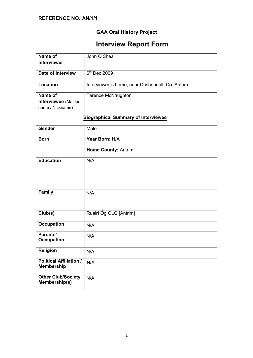 GAA Oral History Project Interview Report Form