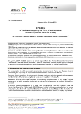 Maximum Cadmium Levels for Seaweed Intended for Human Consumption"1