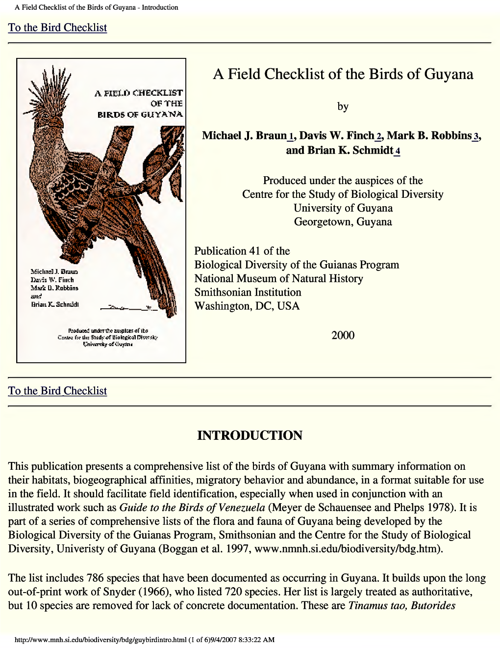 A Field Checklist of the Birds of Guyana - Introduction to the Bird Checklist