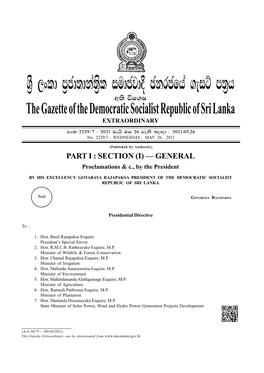 The Gazette of the Democratic Socialist Republic of Sri Lanka EXTRAORDINARY Wxl 2229$7 - 2021 Uehs Ui 26 Jeks Nodod - 2021'05'26 No