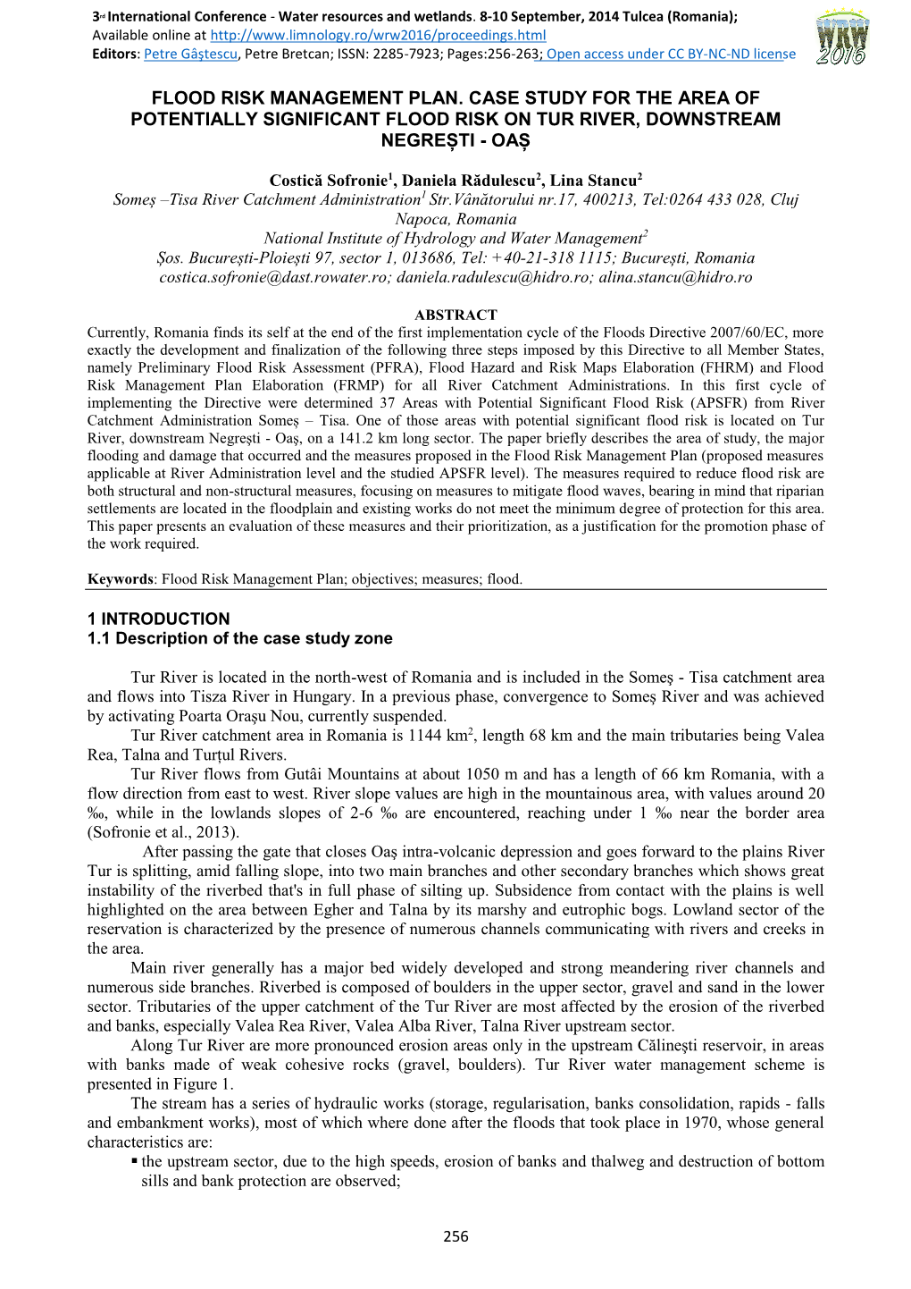 Flood Risk Management Plan. Case Study for the Area of Potentially Significant Flood Risk on Tur River, Downstream Negrești - Oaș