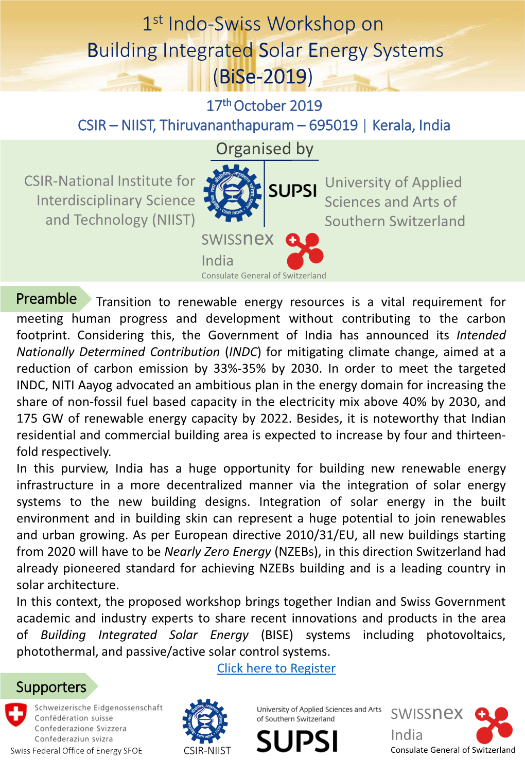 1St Indo-Swiss Workshop on Building Integrated Solar Energy Systems