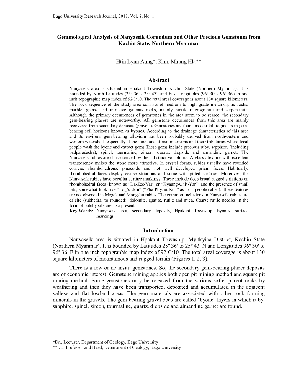 Gemmological Analysis of Nanyaseik Corundum and Other Precious Gemstones from Kachin State, Northern Myanmar