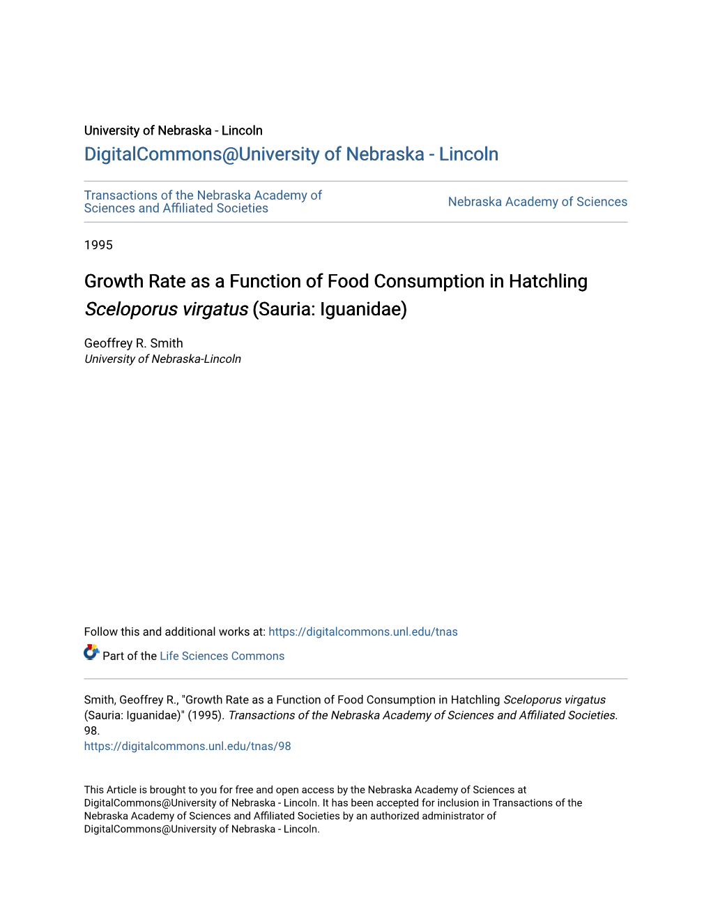 Growth Rate As a Function of Food Consumption in Hatchling Sceloporus Virgatus (Sauria: Iguanidae)