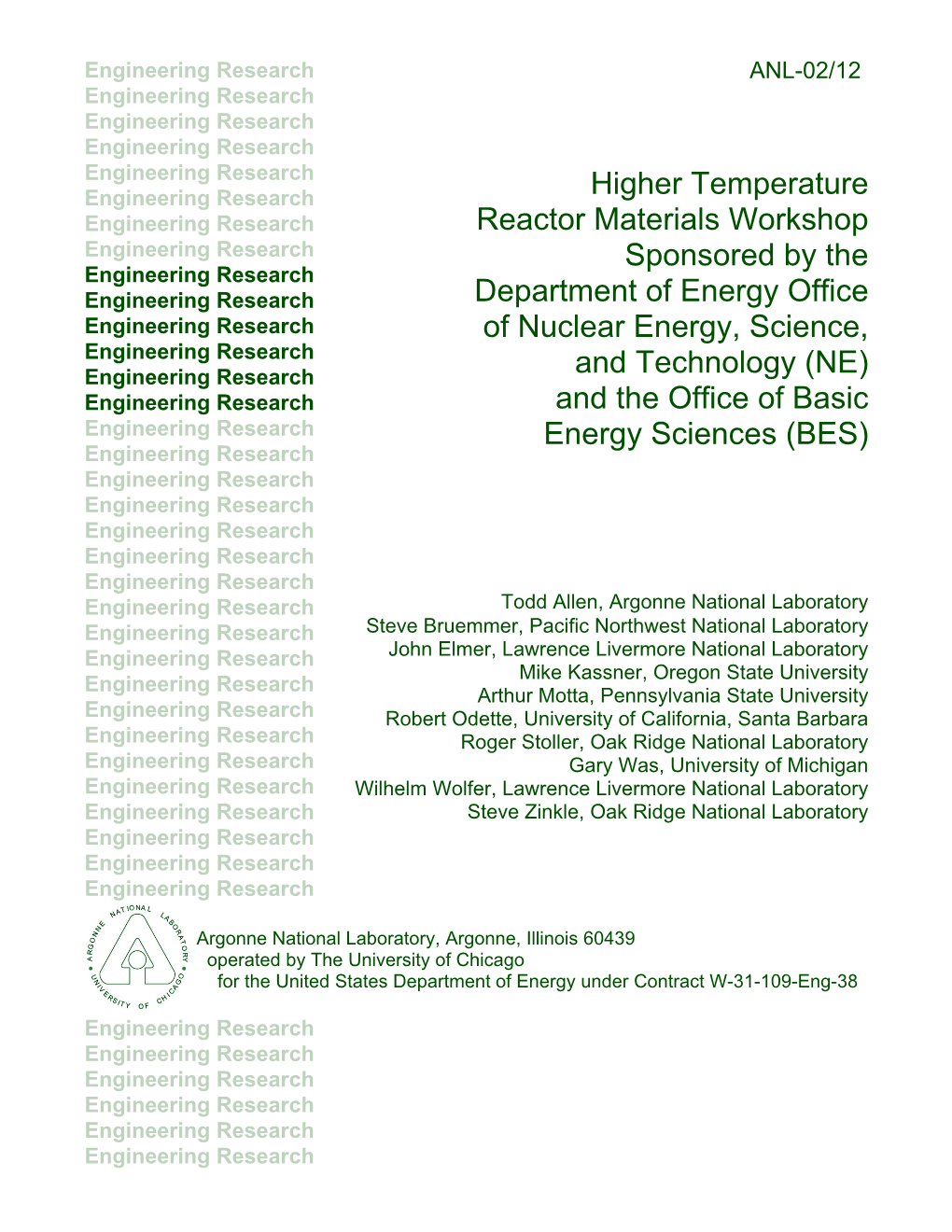 Higher Temperature Reactor Materials Workshop