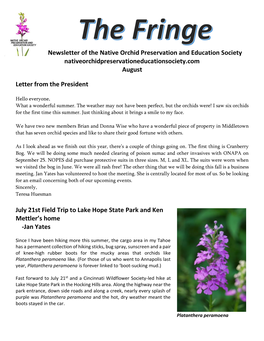 Newsletter of the Native Orchid Preservation and Education Society Nativeorchidpreservationeducationsociety.Com August