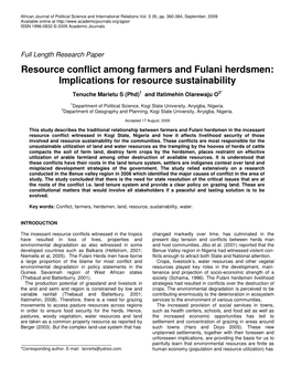 Resource Conflict Among Farmers and Fulani Herdsmen: Implications for Resource Sustainability