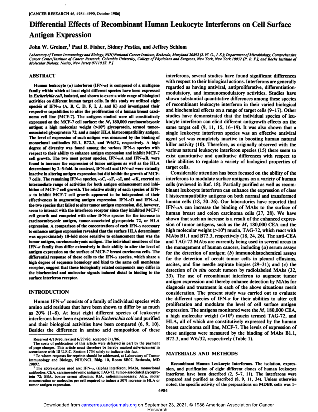 Differential Effects of Recombinant Human Leukocyte Interferons on Cell Surface Antigen Expression John W