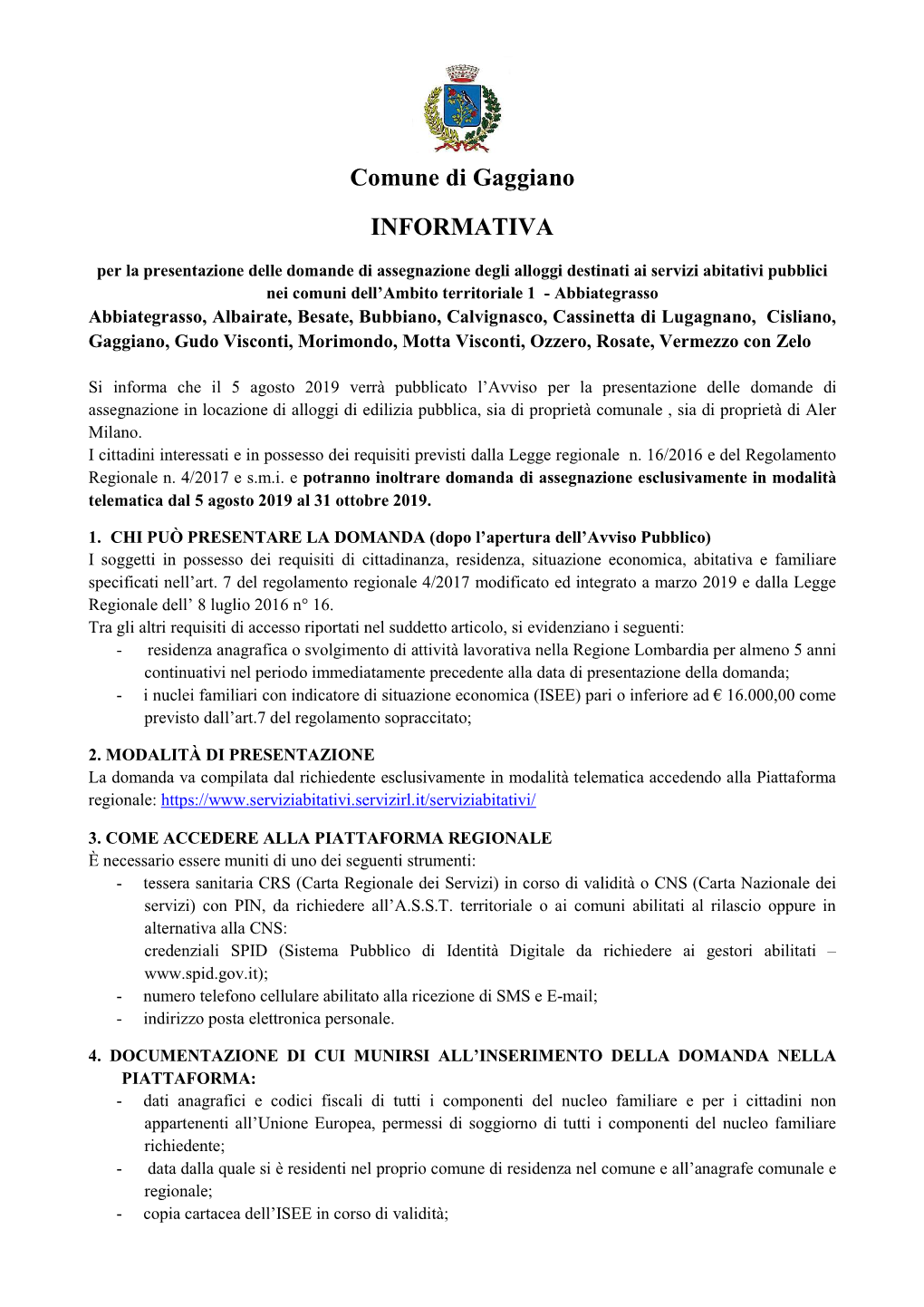 Comune Di Gaggiano INFORMATIVA