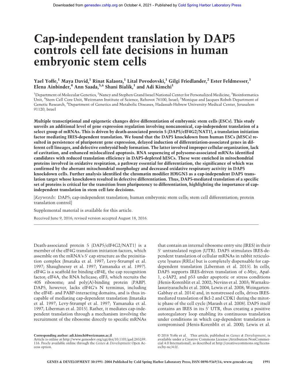 Cap-Independent Translation by DAP5 Controls Cell Fate Decisions in Human Embryonic Stem Cells