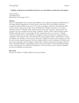 Working Paper Shams 1 Visibility As Resistance by Muslim Americans in a Surveillance and Security Atmosphere Tahseen Shams Tsham