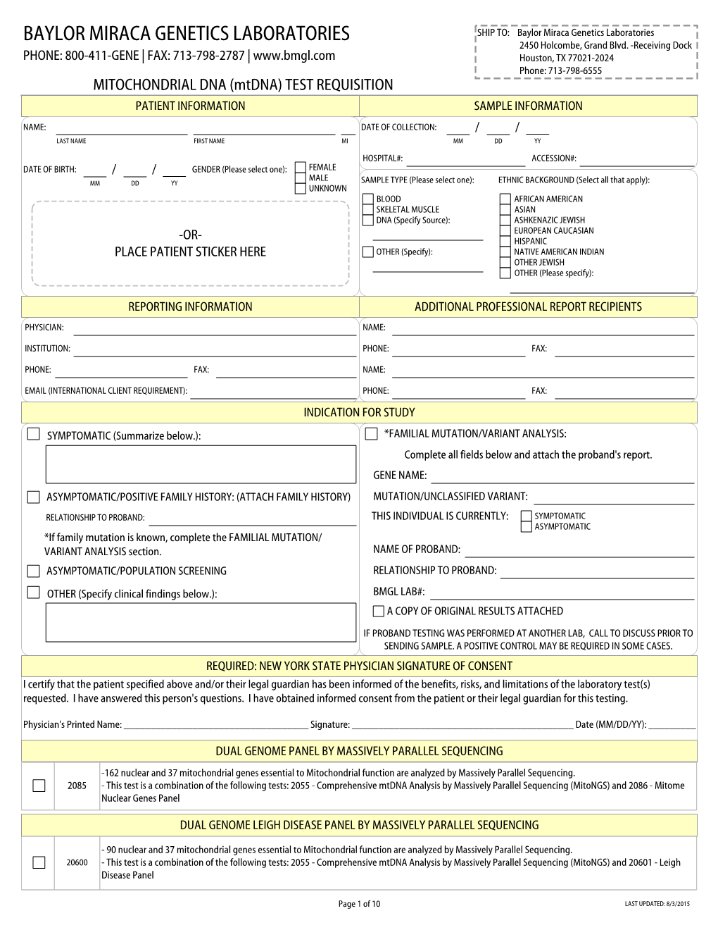 Mitochondrial DNA (Mtdna) Test Requisition