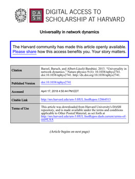 Universality in Network Dynamics the Harvard Community Has Made This