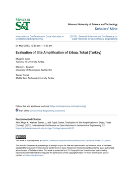 Evaluation of Site Amplification of Erbaa, Tokat (Turkey)