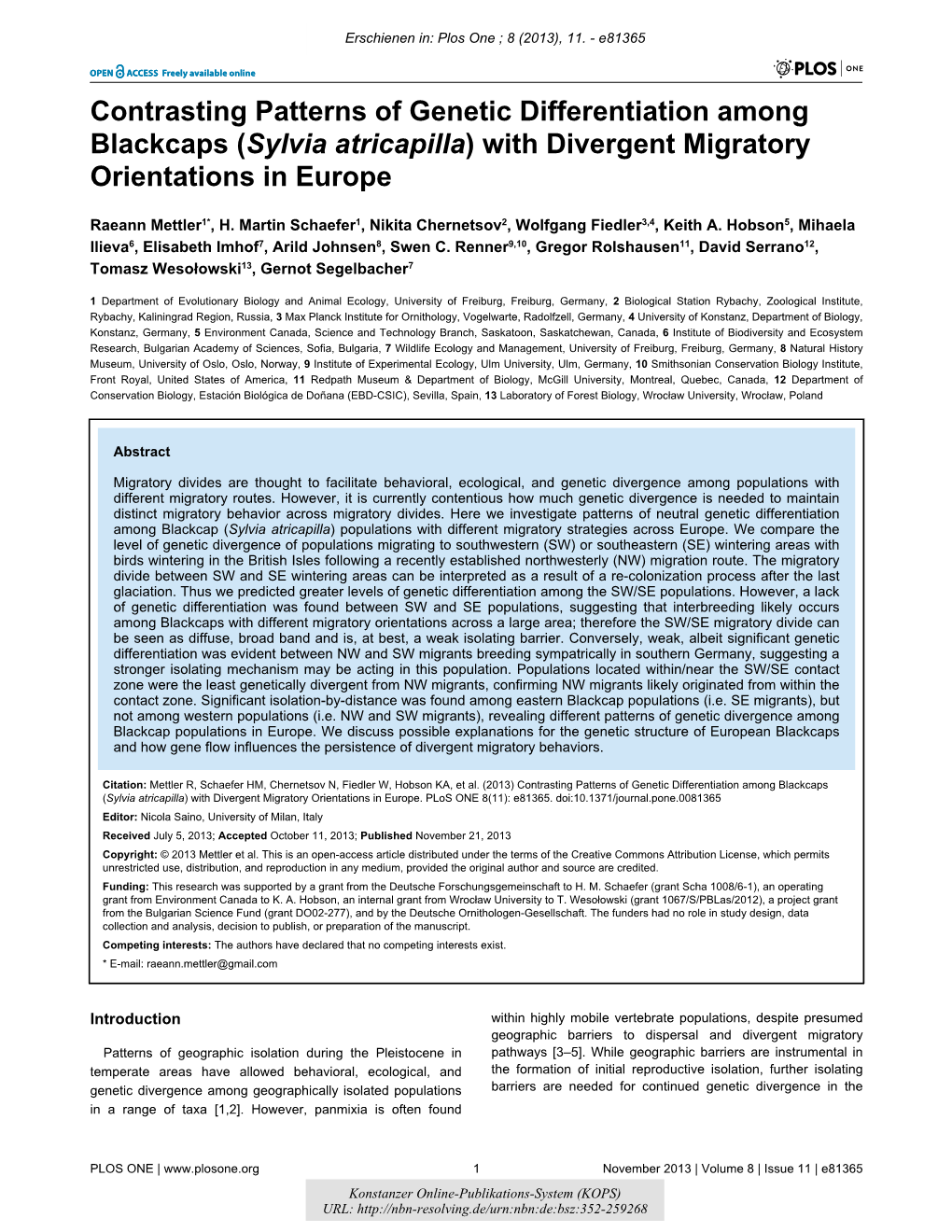 Contrasting Patterns of Genetic Differentiation Among Blackcaps (Sylvia Atricapilla) with Divergent Migratory Orientations in Europe