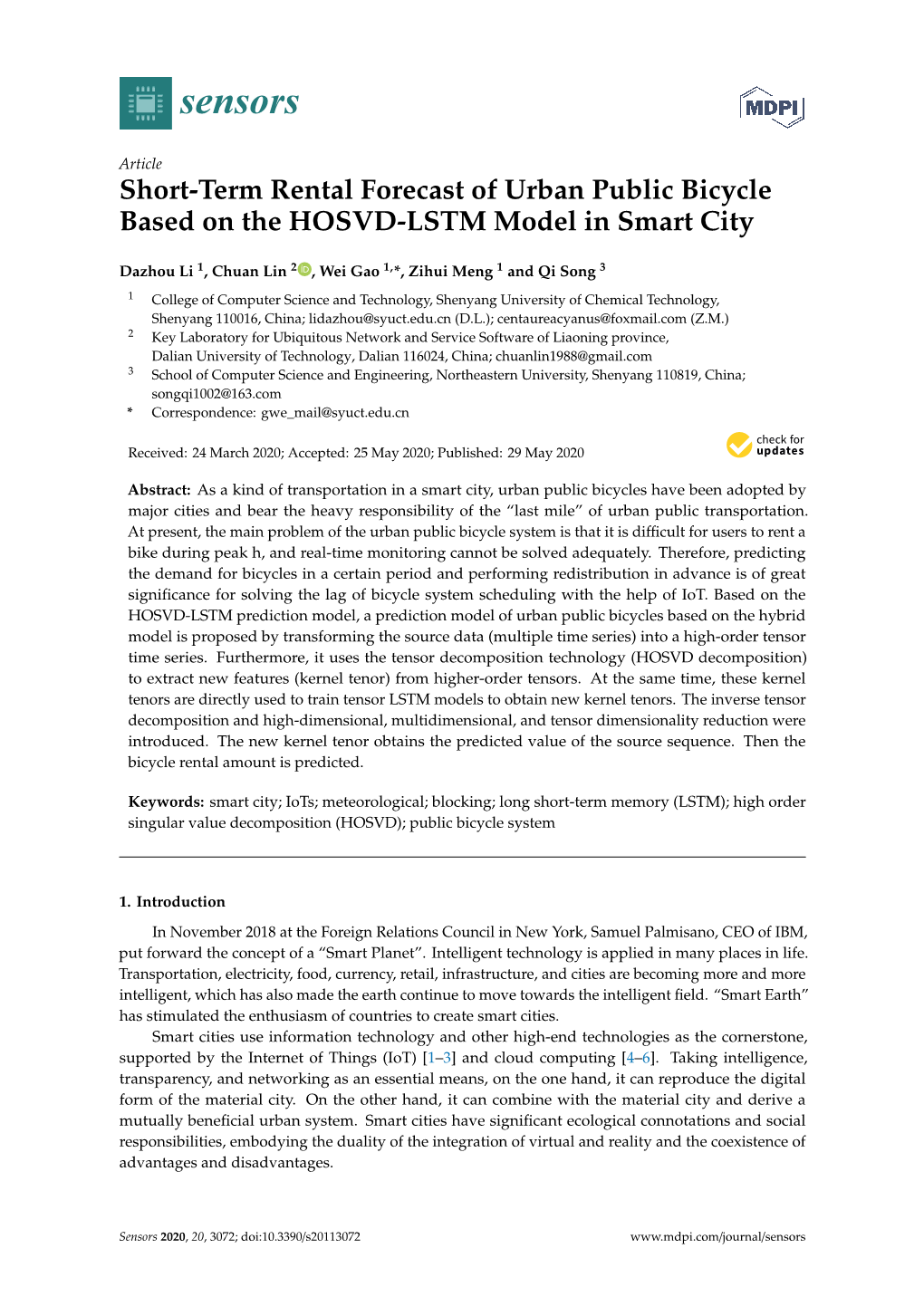 Short-Term Rental Forecast of Urban Public Bicycle Based on the HOSVD-LSTM Model in Smart City