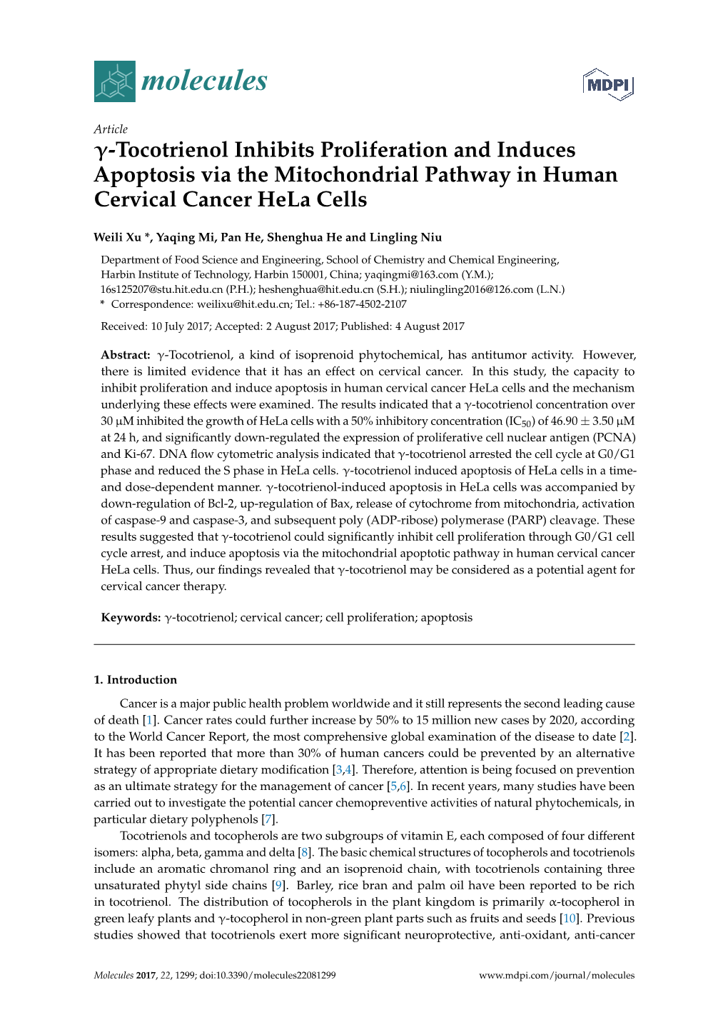 Tocotrienol Inhibits Proliferation and Induces Apoptosis Via the Mitochondrial Pathway in Human Cervical Cancer Hela Cells