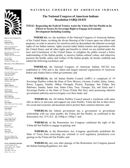 The National Congress of American Indians Resolution #ABQ-10-031