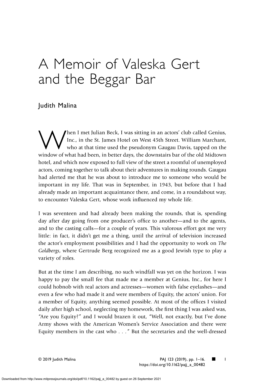 A Memoir of Valeska Gert and the Beggar Bar