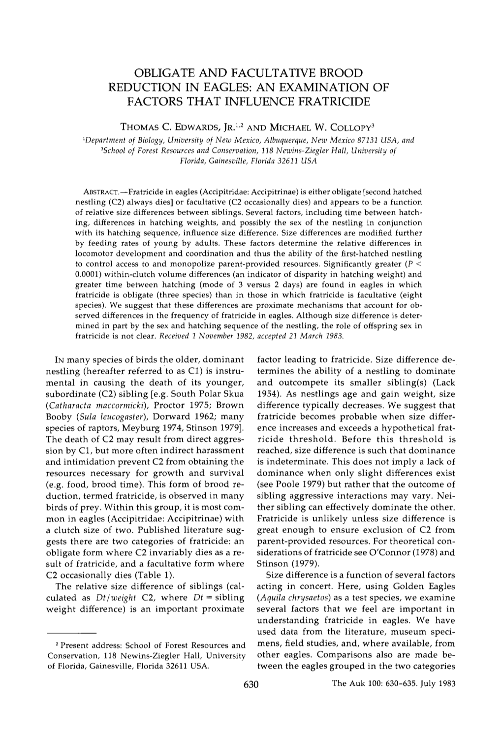 Obligate and Facultative Brood Reduction in Eagles: an Examination of Factors That Influence Fratricide