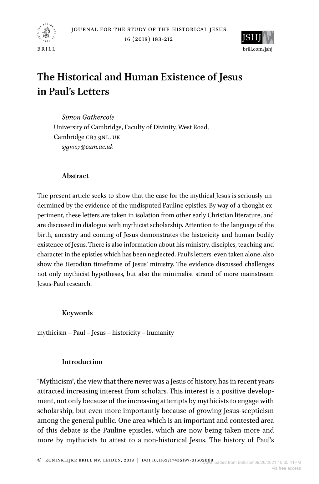 The Historical and Human Existence of Jesus in Paul's Letters