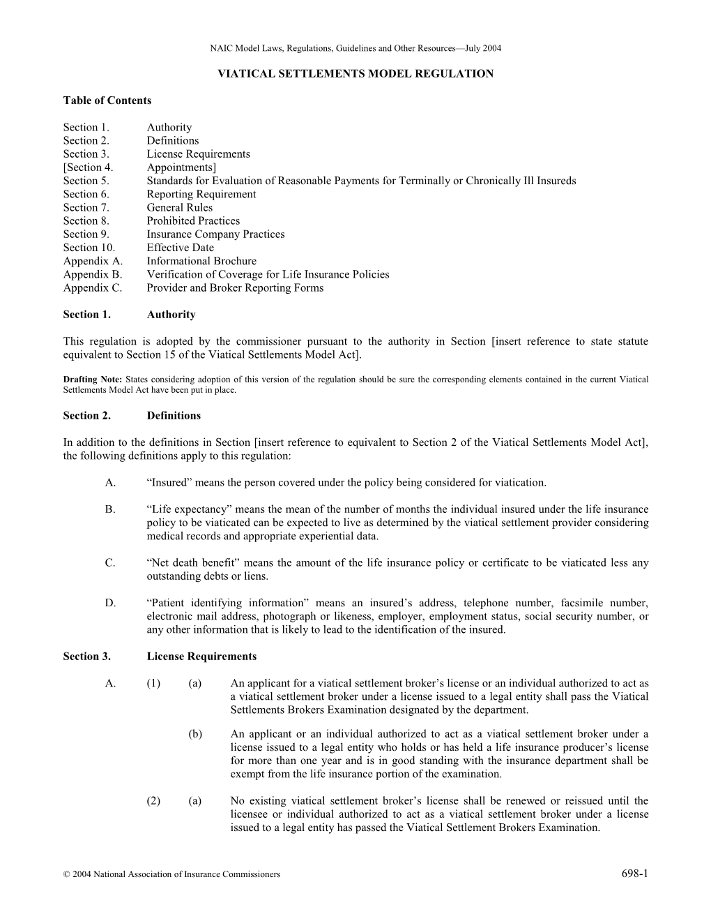 698-1 Viatical Settlements Model Regulation