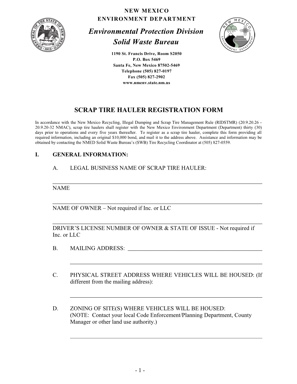 Scrap Tire Hauler Registration Form