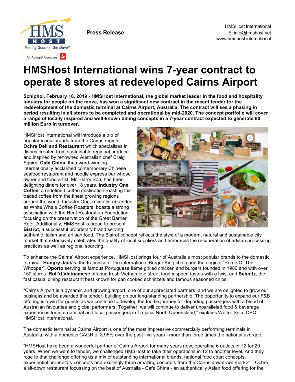 Hmshost International Wins 7-Year Contract to Operate 8 Stores at Redeveloped Cairns Airport