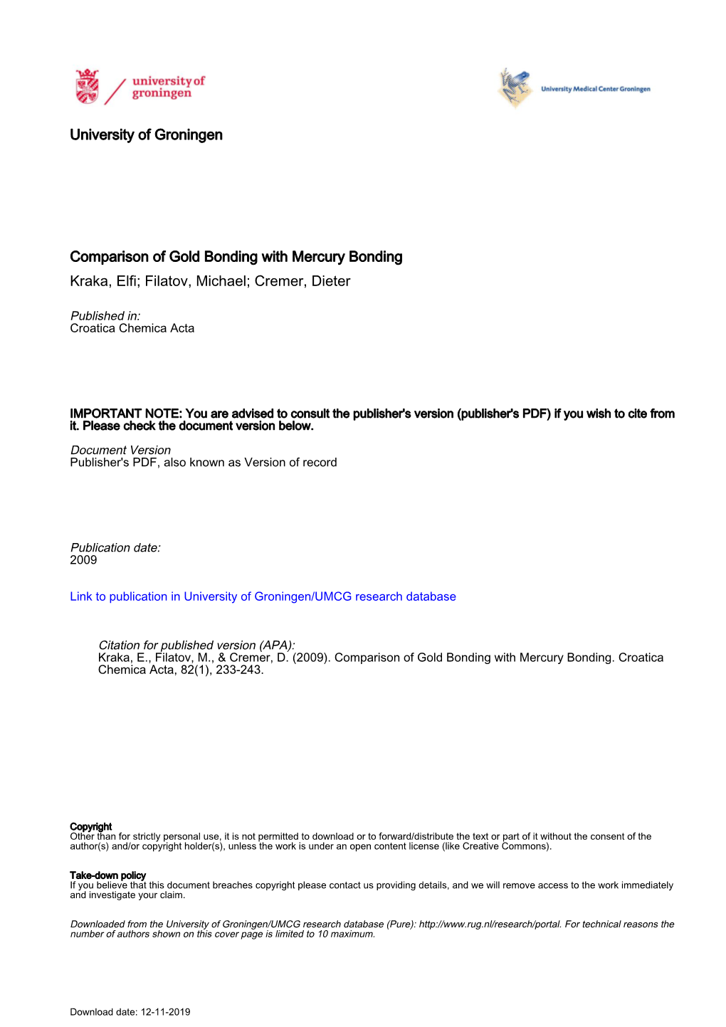 University of Groningen Comparison of Gold Bonding With