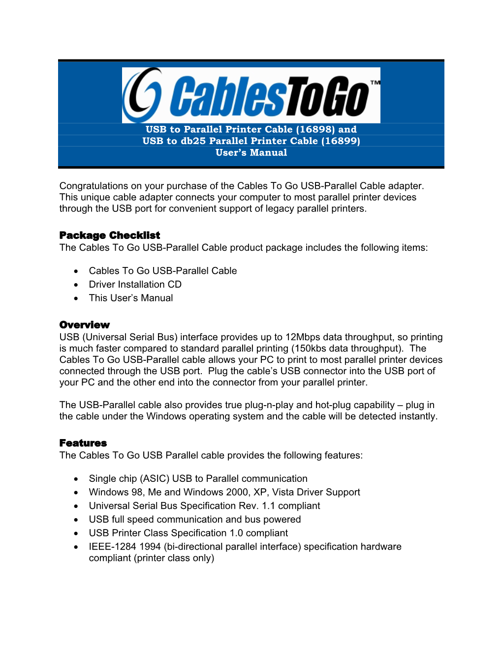 (16898) and USB to Db25 Parallel Printer Cable (16899) User’S Manual