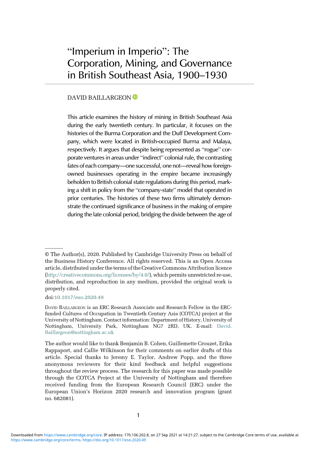 “Imperium in Imperio”: the Corporation, Mining, and Governance in British Southeast Asia, 1900–1930