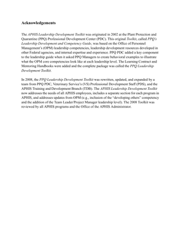 APHIS Leadership Development Toolkit Was Originated in 2002 at the Plant Protection and Quarantine (PPQ) Professional Development Center (PDC)