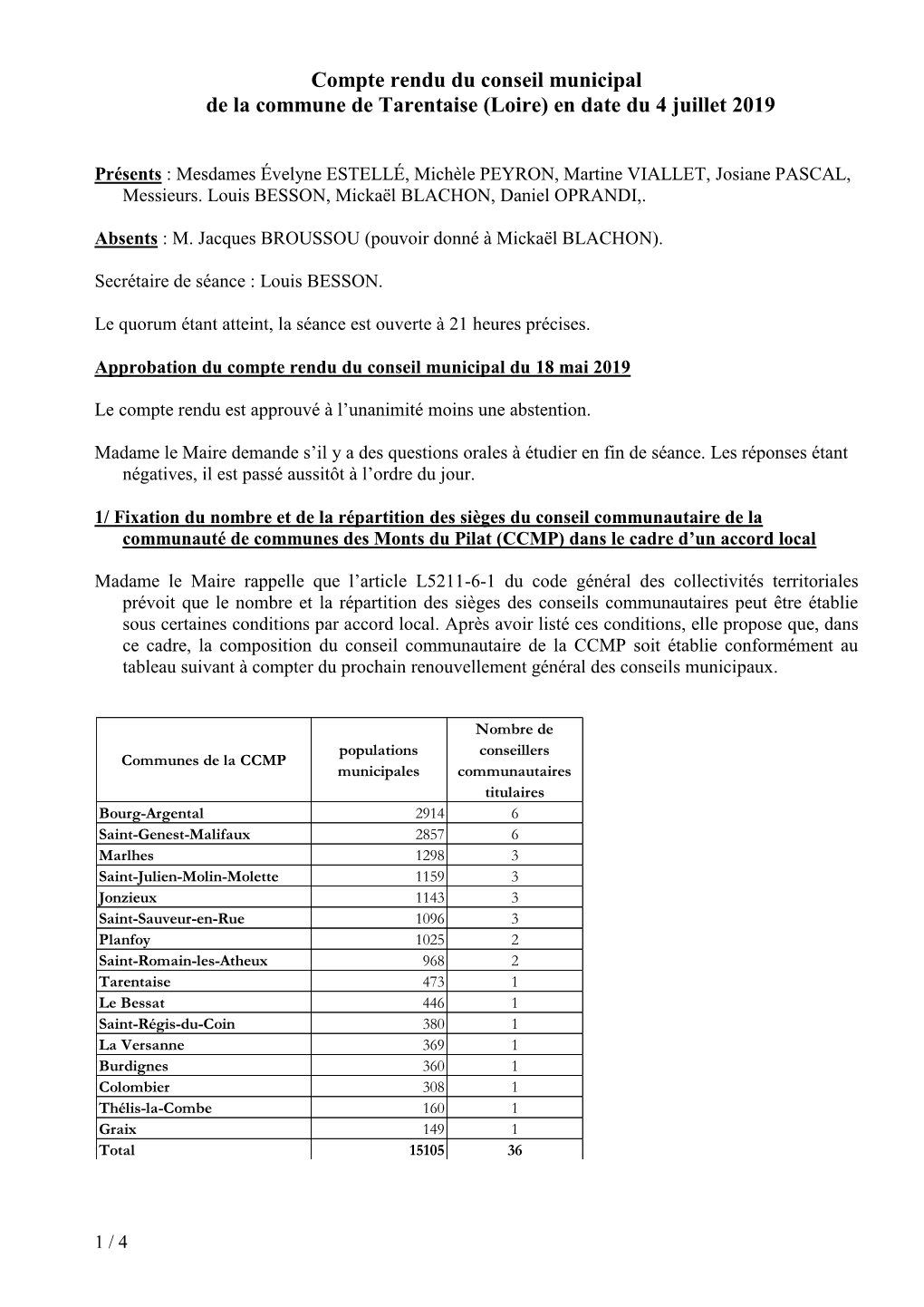 Compte Rendu Du Conseil Municipal De La Commune De Tarentaise (Loire) En Date Du 4 Juillet 2019