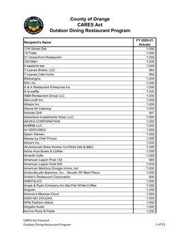 CARES Act Outdoor Dining Restaurant Program County of Orange