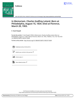 In Memoriam. Charles Godfrey Leland. Born at Philadelphia, August 15, 1834
