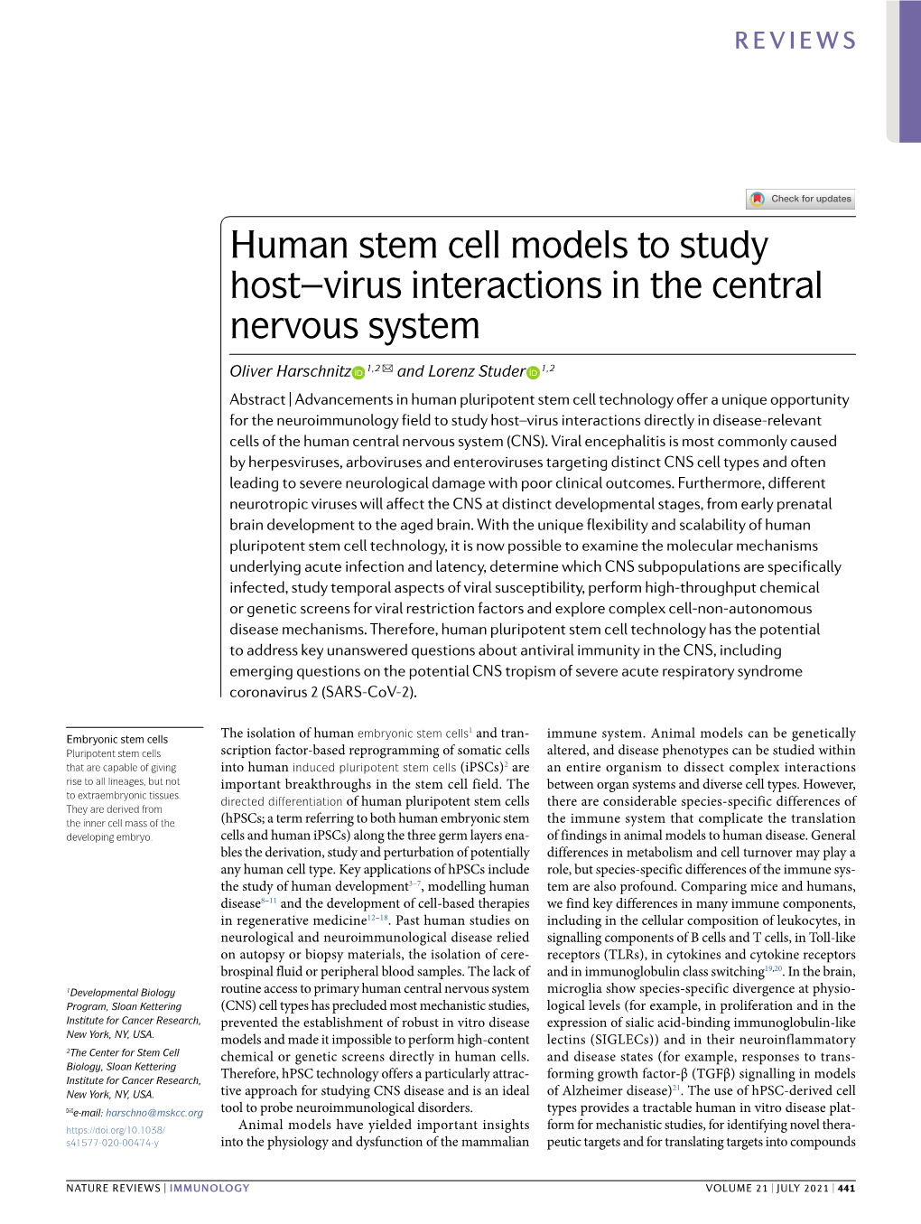 Human Stem Cell Models to Study Host–Virus Interactions in the Central Nervous System