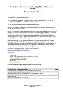 Consultation Document on Listing Eligibility and Conservation Actions Atriplex Sp. Yeelirrie Station