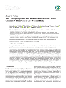 APEX1 Polymorphisms and Neuroblastoma Risk in Chinese Children: a Three-Center Case-Control Study