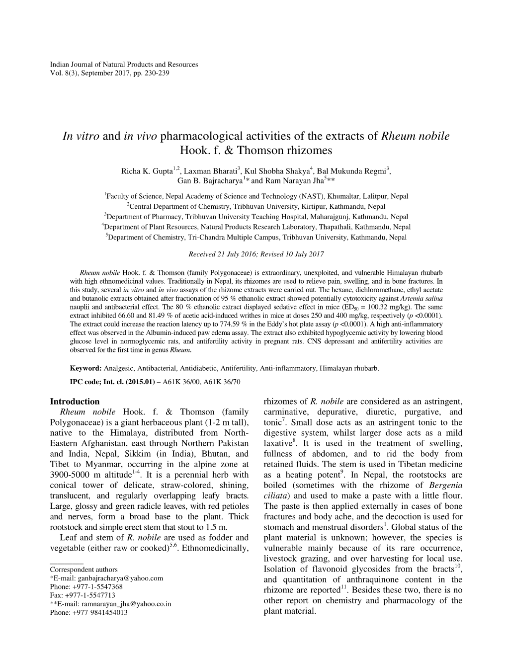 In Vitro and in Vivo Pharmacological Activities of the Extracts of Rheum Nobile Hook