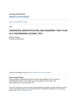 Fight Club As a Postmodern Cultural Text