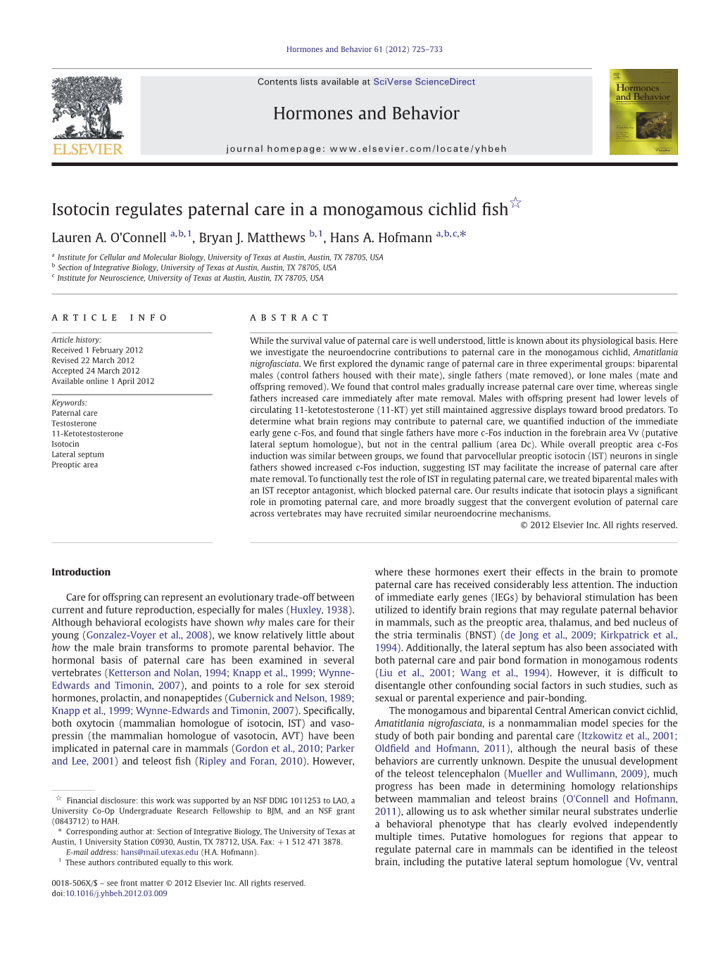 Isotocin Regulates Paternal Care in a Monogamous Cichlid Fish