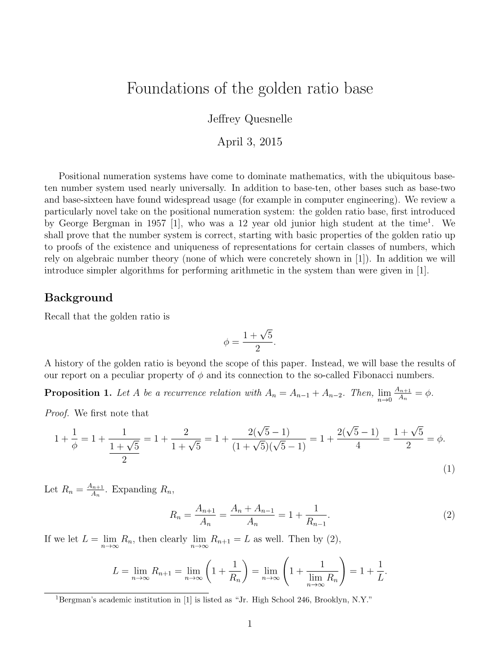 Foundations of the Golden Ratio Base