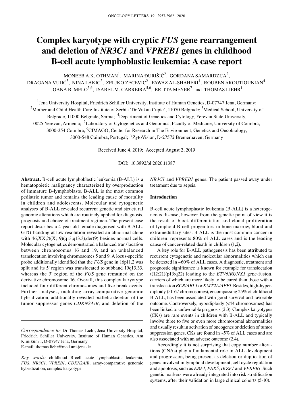 Complex Karyotype with Cryptic FUS Gene Rearrangement and Deletion of NR3C1 and VPREB1 Genes in Childhood B‑Cell Acute Lymphoblastic Leukemia: a Case Report