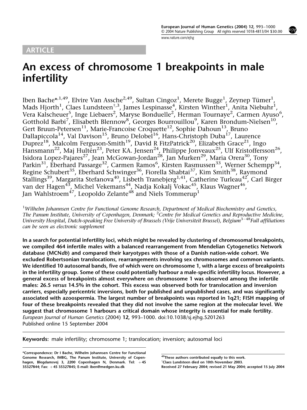 An Excess of Chromosome 1 Breakpoints in Male Infertility