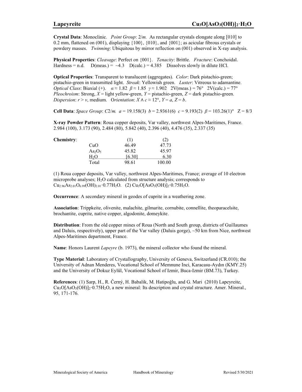 Lapeyreite Cu3o[Aso3(OH)]2·H2O