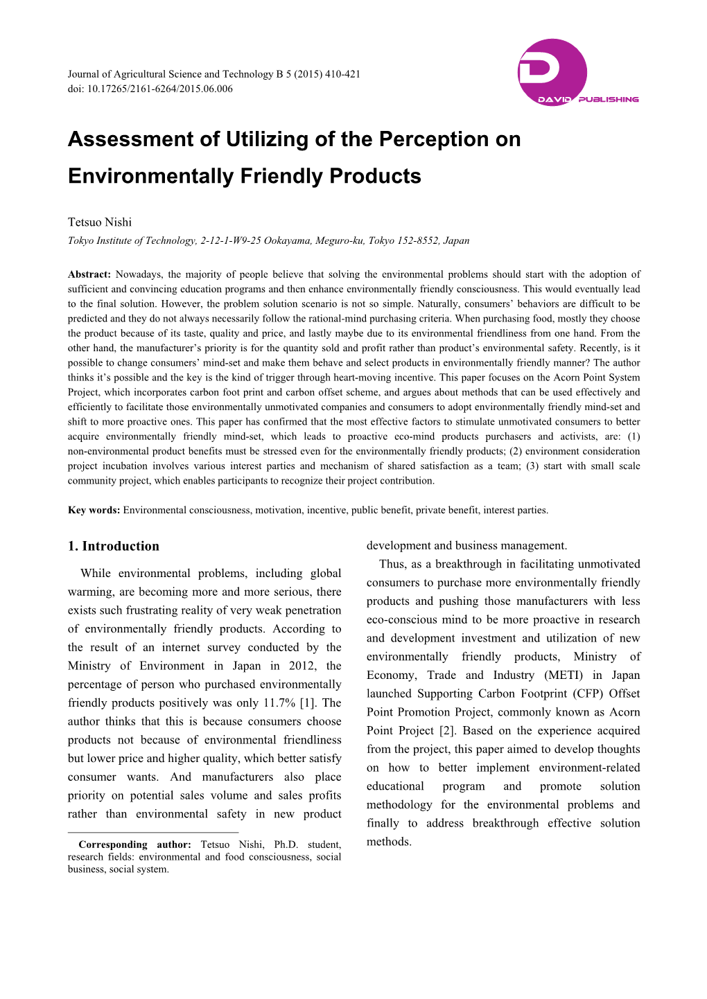 Assessment of Utilizing of the Perception on Environmentally Friendly Products