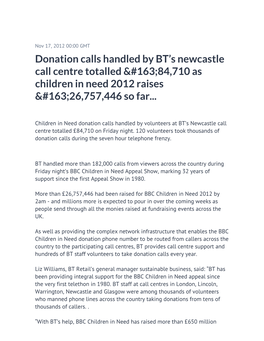 Donation Calls Handled by BT's Newcastle Call Centre
