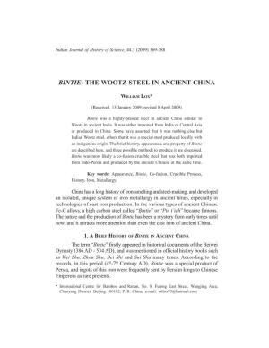 Bintie: the Wootz Steel in Ancient China
